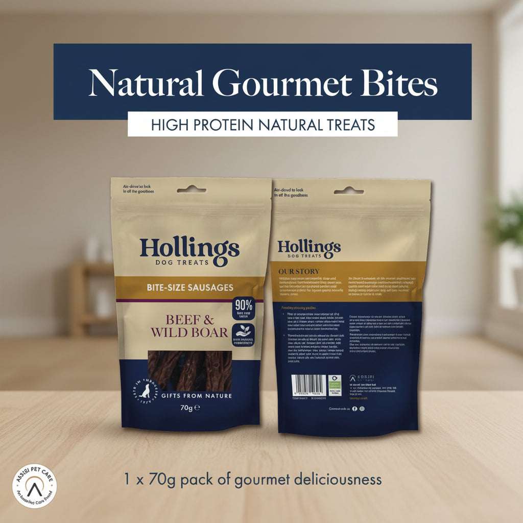Hollings Dog Treats packaging with 'Natural Gourmet Bites' text on a beige background
