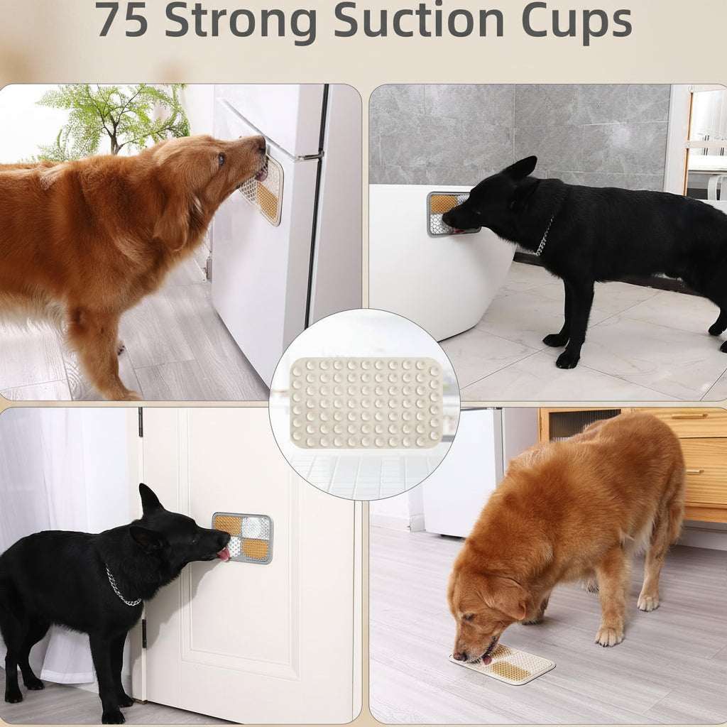 Collage of dogs interacting with a pet door with 75 strong suction cups.