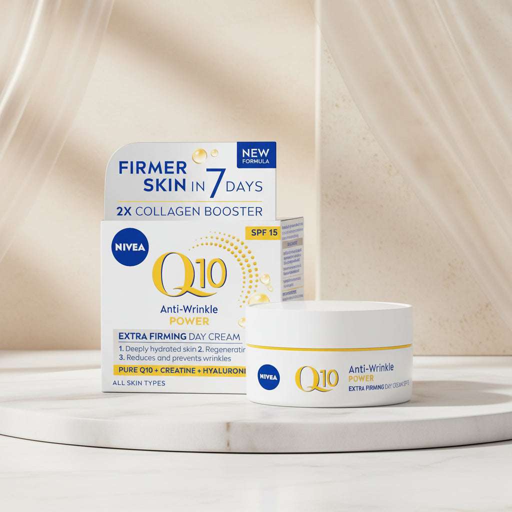 Nivea Q10 Anti-Wrinkle Day Cream packaging on a white background