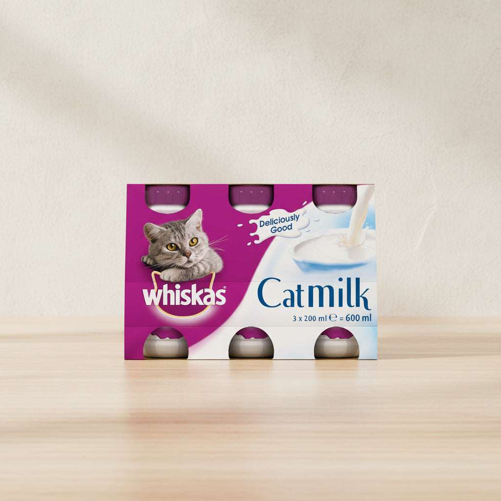 Whiskas cat milk packaging with a cat on a purple background