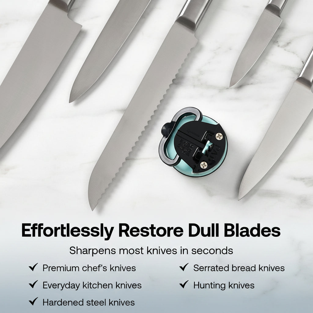 Knife sharpener with various types of knives on a marble surface