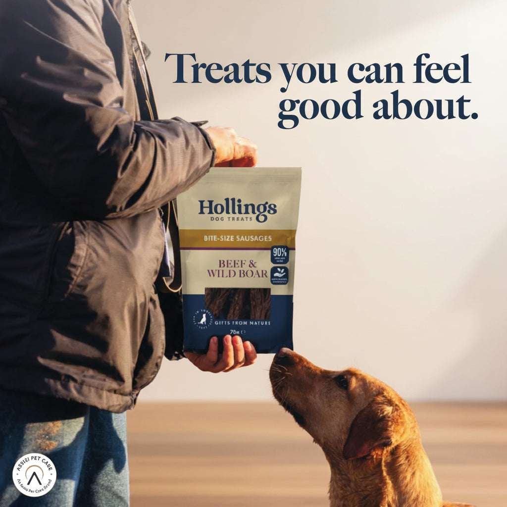 Person holding a package of Hollings dog treats on a beach with a dog sniffing the package.