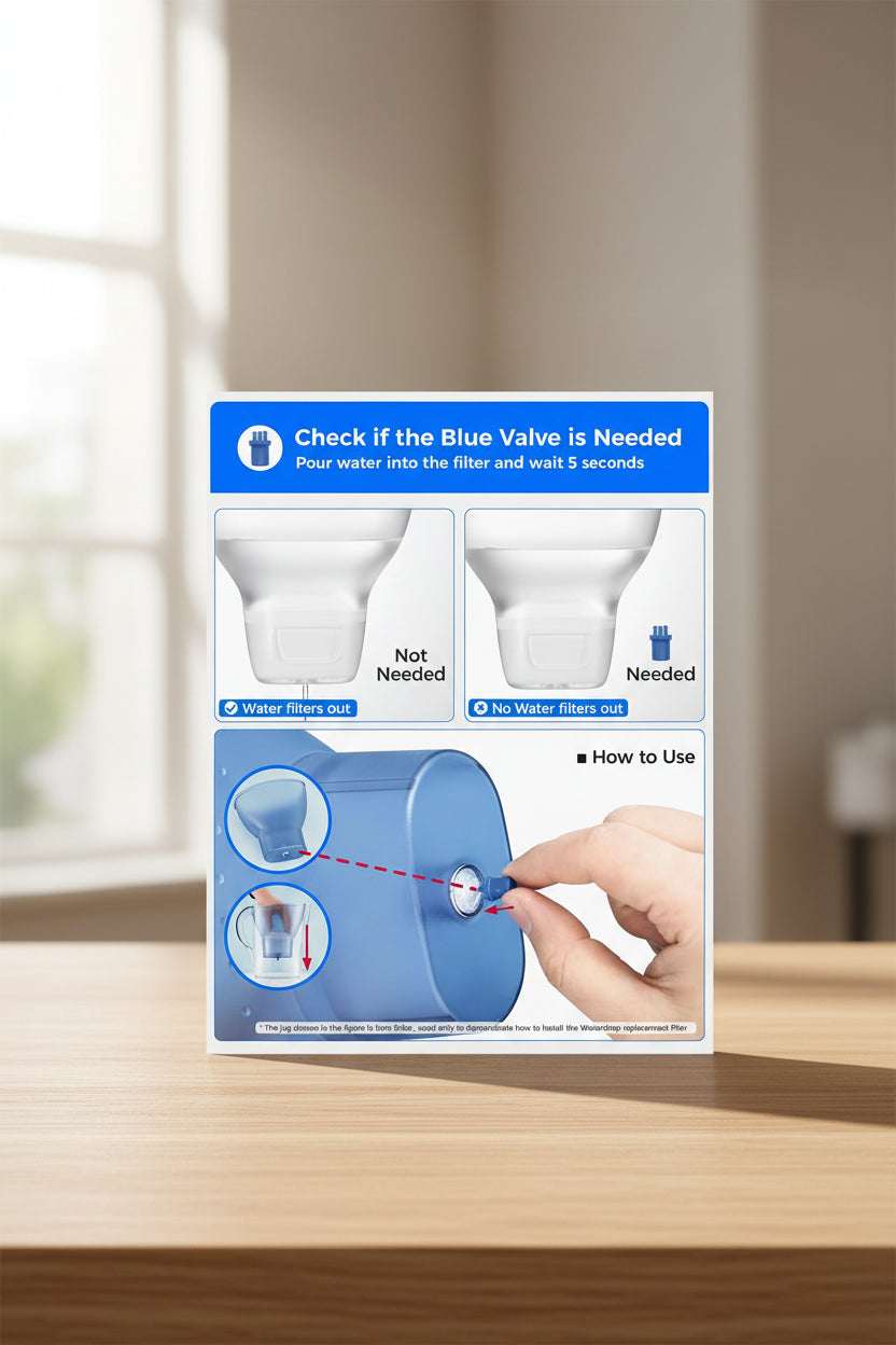Instruction graphic for installing a water filter replacement jug, showing whether the blue valve is needed and how to use it to pour water into the filter. The graphic includes diagrams and a hand demonstrating the installation.