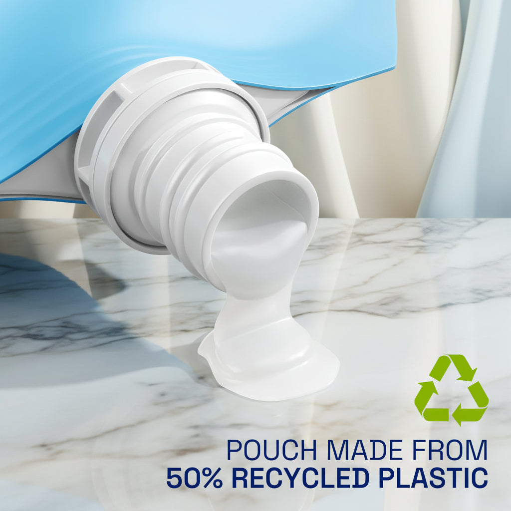 Pouch with 50% recycled plastic content being poured, with a recycling symbol on a white background.