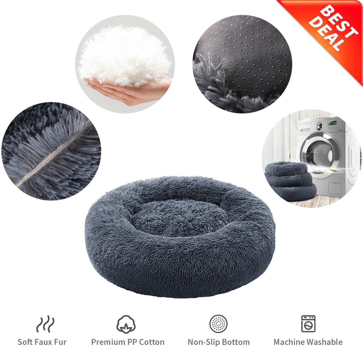Gray pet bed with features highlighted on a white background