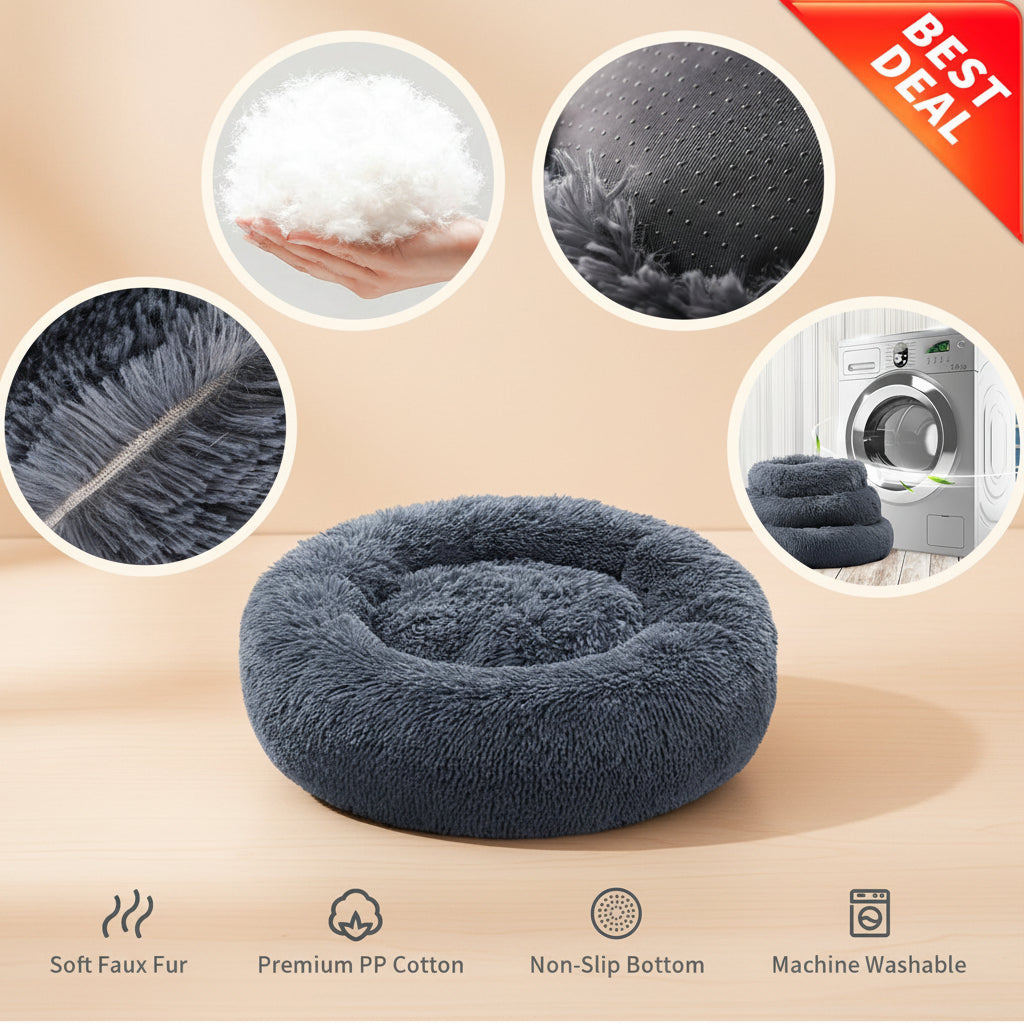 Gray pet bed with features highlighted on a white background
