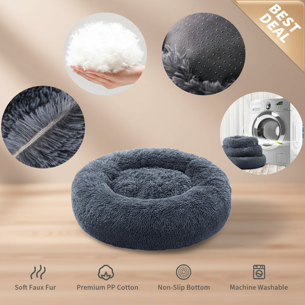 Gray pet bed with features highlighted on a white background