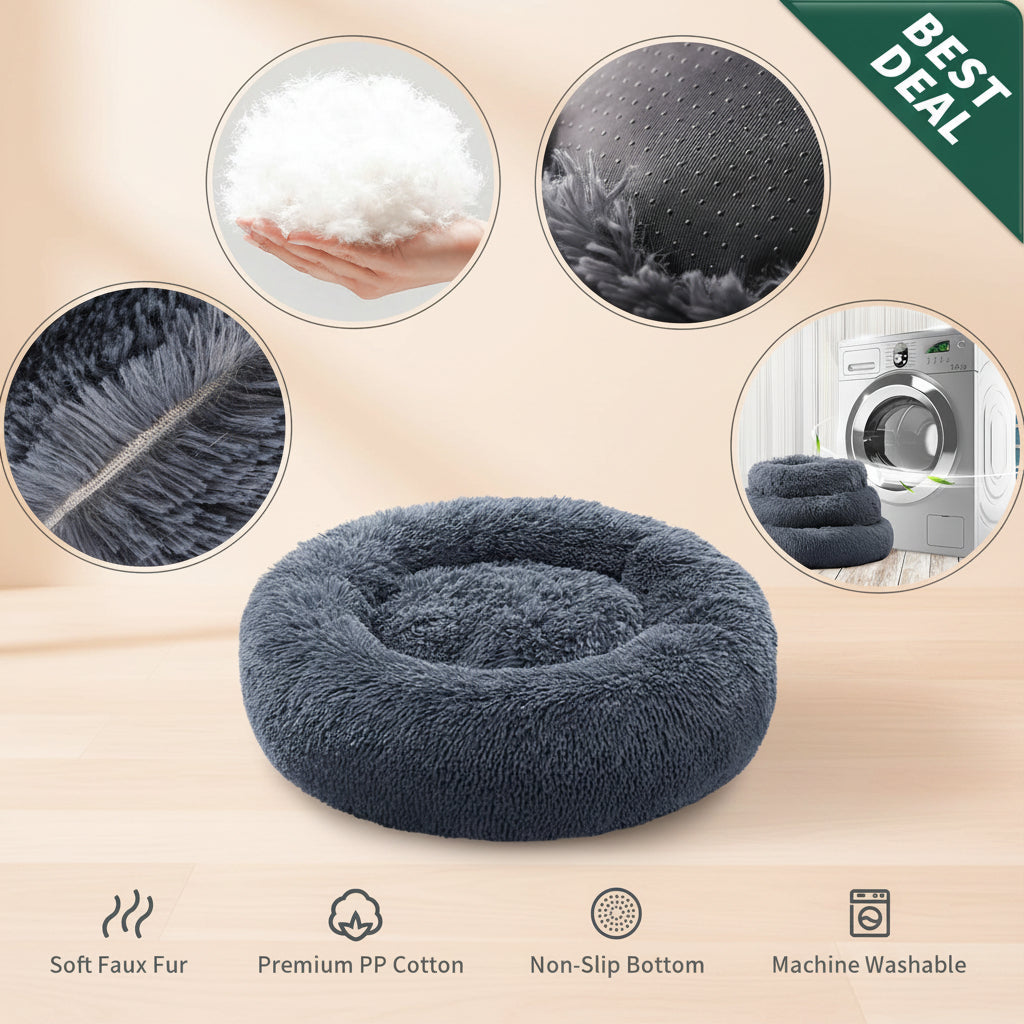 Gray pet bed with features highlighted on a white background