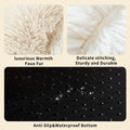 Three-panel product feature graphic showing close-ups of a faux fur surface: luxurious warmth, delicate stitching and durability, and a black anti-slip waterproof bottom with water droplets.