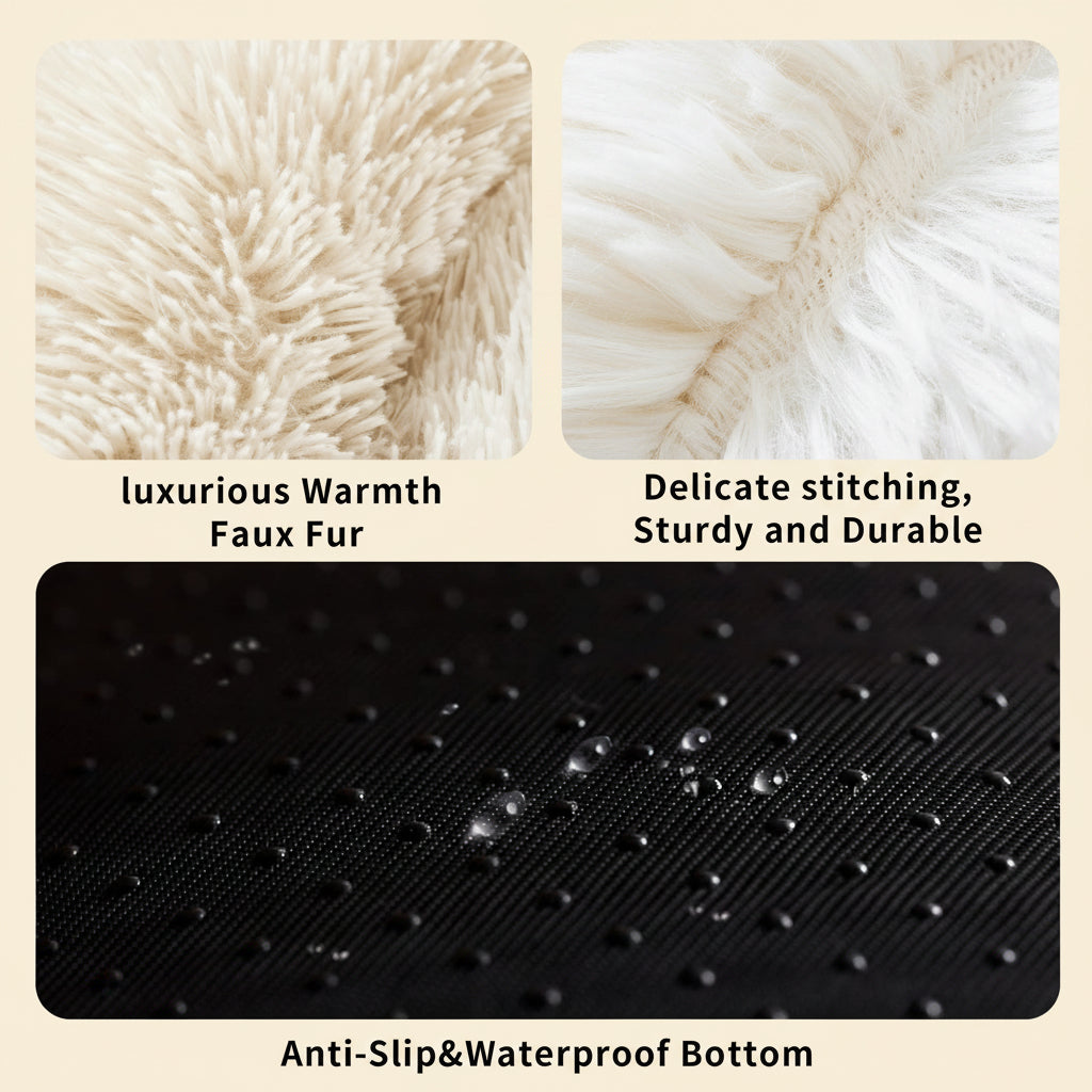 Three-panel product feature graphic showing close-ups of a faux fur surface: luxurious warmth, delicate stitching and durability, and a black anti-slip waterproof bottom with water droplets.
