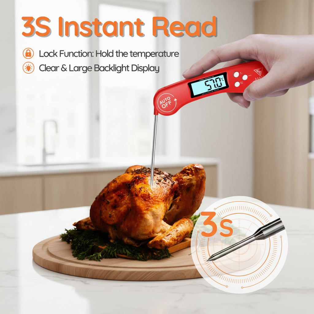 Red digital thermometer reading 57.6°C, inserted into a roasted chicken with text '3S Instant Read' on a blurred kitchen background.