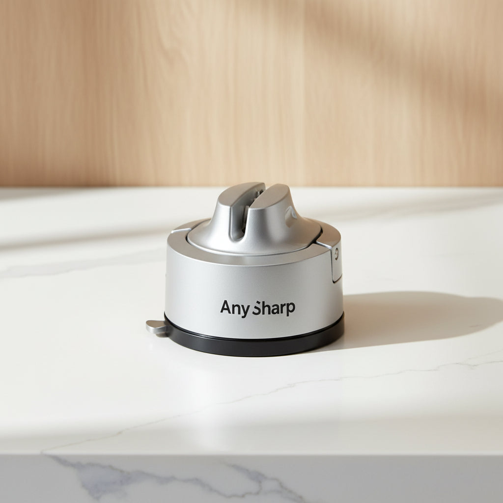 A close-up of a hand sharpening a stainless steel kitchen knife on a silver AnySharp electric knife sharpener, set against a clean white background.