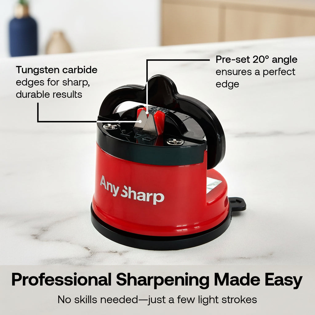 Red and black Any Sharp knife sharpener on a white background with text highlighting features.
