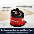 Red and black Any Sharp knife sharpener on a white background with text highlighting features.