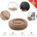 A plush round pet bed in taupe-brown faux fur is shown on a white background with feature callouts: a hand holding white filling, a close-up of the textured dark underside, a close-up of the fur texture, a washer scene showing it can be washed, and icons for soft faux fur, premium PP cotton, non-slip bottom, and machine washable. A red 'BEST DEAL' banner appears in the top right.