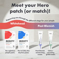 Promotional graphic for skincare patches and creams with product names and descriptions.
