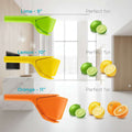 Three citrus juicers in green, yellow, and orange with corresponding fruit illustrations on a white background.