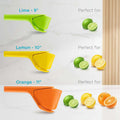 Three citrus juicers in green, yellow, and orange with corresponding fruit illustrations on a white background.
