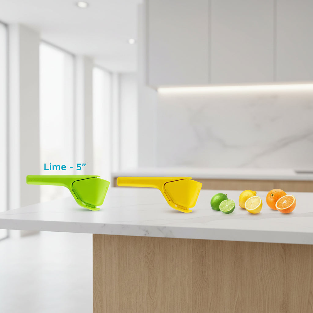 Three citrus juicers in green, yellow, and orange with corresponding fruit illustrations on a white background.