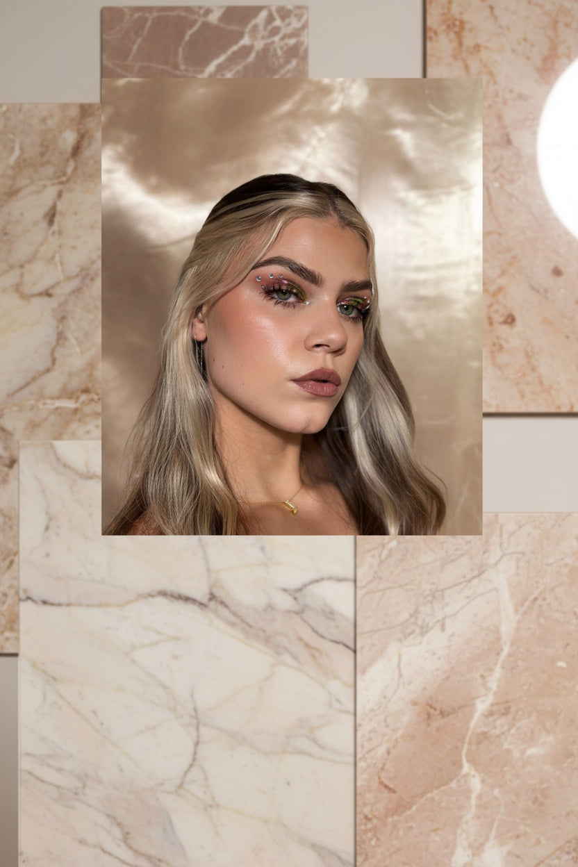 Close-up of a person with blonde hair and colorful makeup against a neutral background