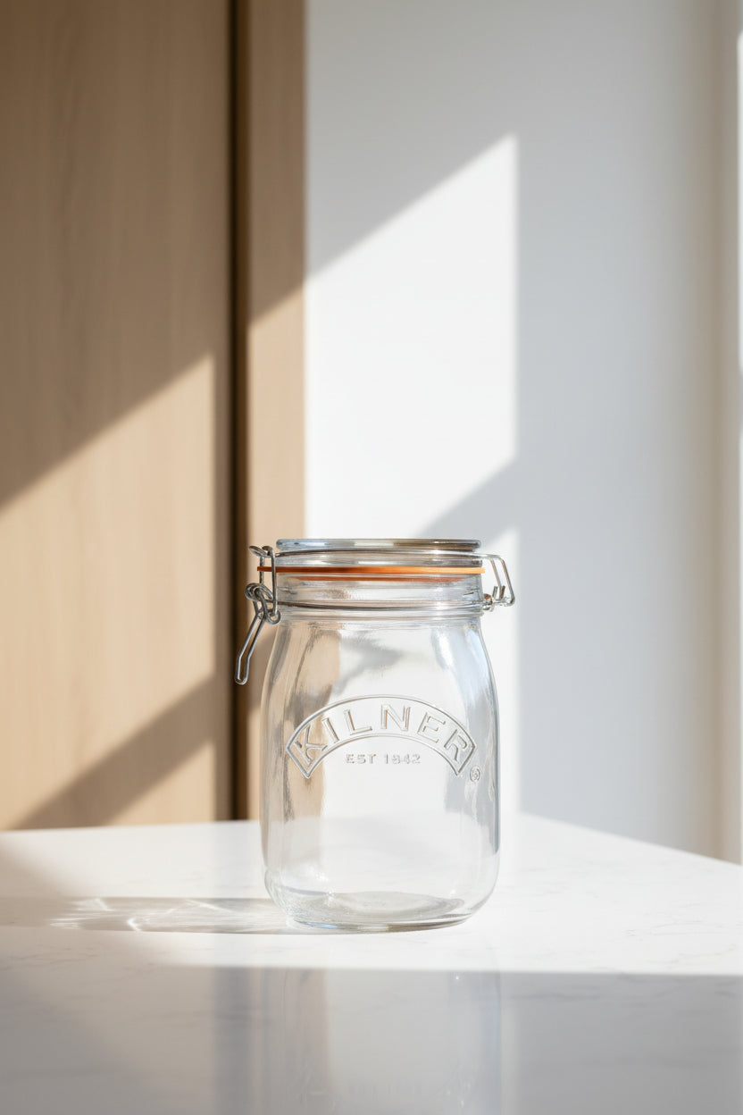 Clear glass jar with a metal clasp on a white background, featuring the Kilner brand logo.