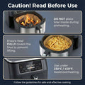 Instructions for using an air fryer with safety warnings on an orange background
