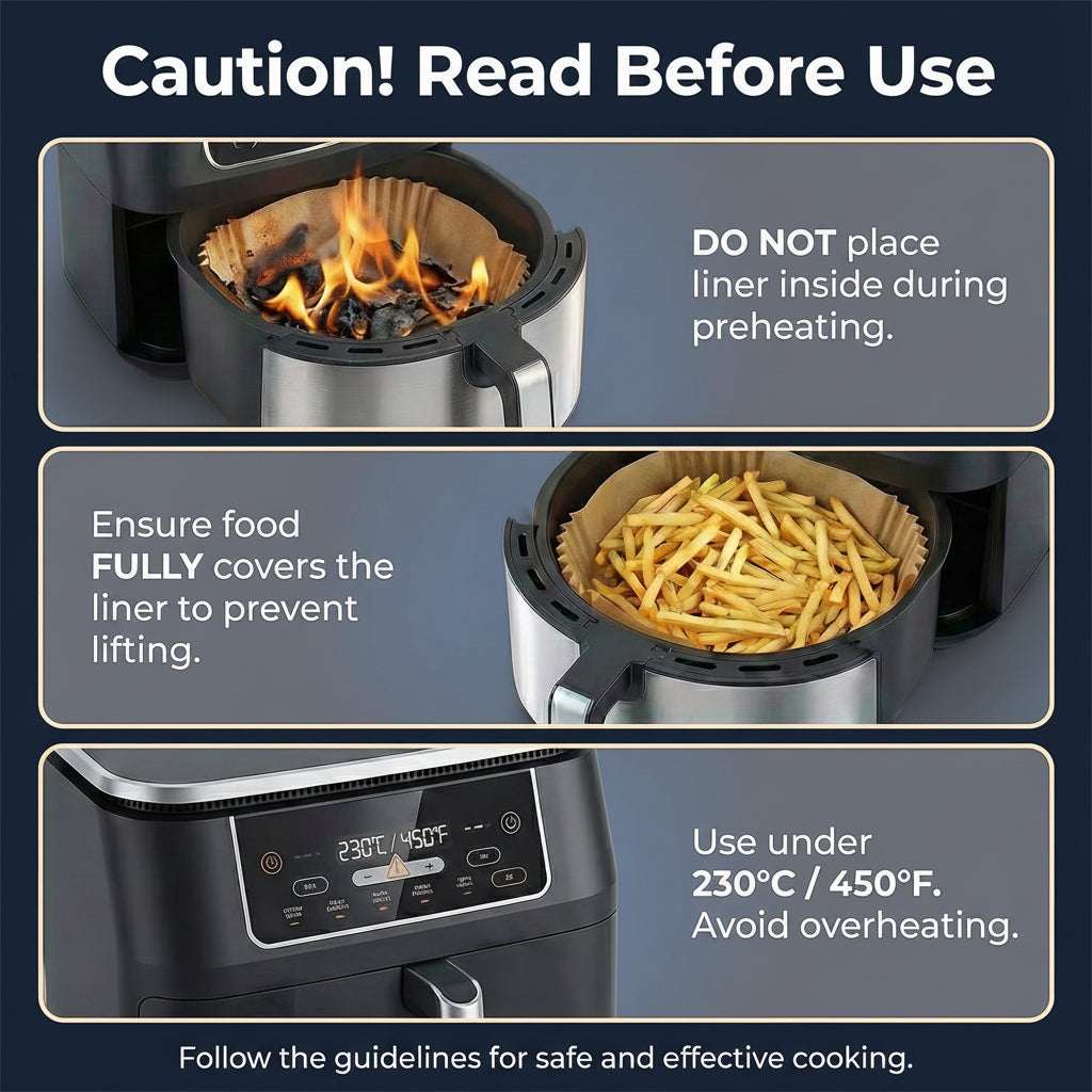Instructions for using an air fryer with safety warnings on an orange background