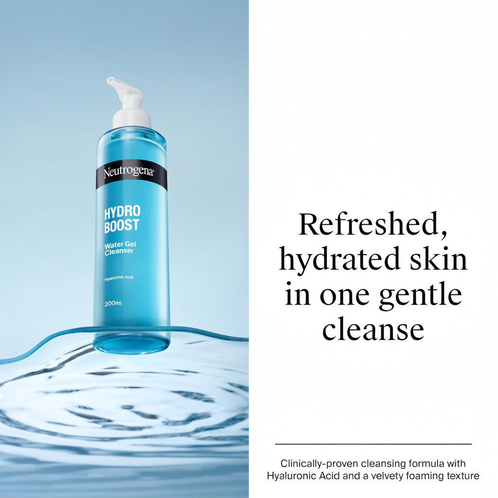 Neutrogena Hydro Boost bottle with water splash on a light blue background