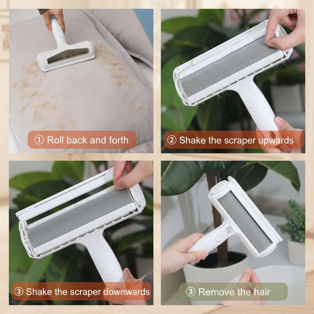 Step-by-step guide on using a pet hair remover with images of the product in action.