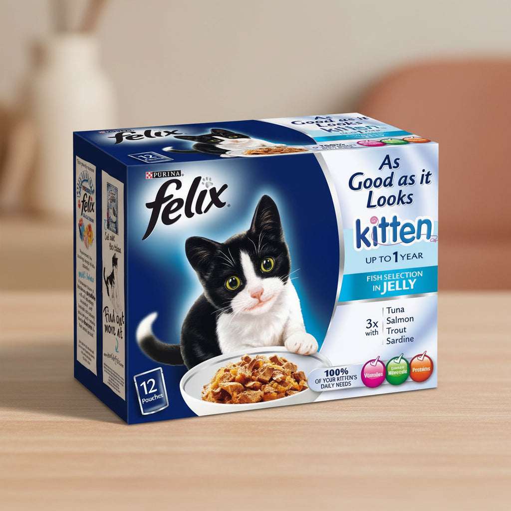 A box of Purina Felix Kitten fish selection in jelly cat food, featuring a black and white kitten on the front packaging.
