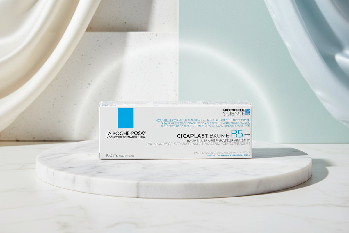 La Roche-Posay Cicoplast Baume B5+ skincare packaging box, 100 ml, featuring a white design with blue and black text and a blue square accent.