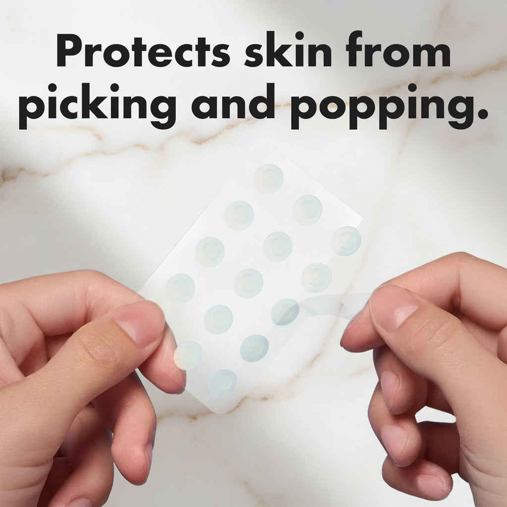 Hands holding a sheet of transparent stickers with small round dots against a light blue background.