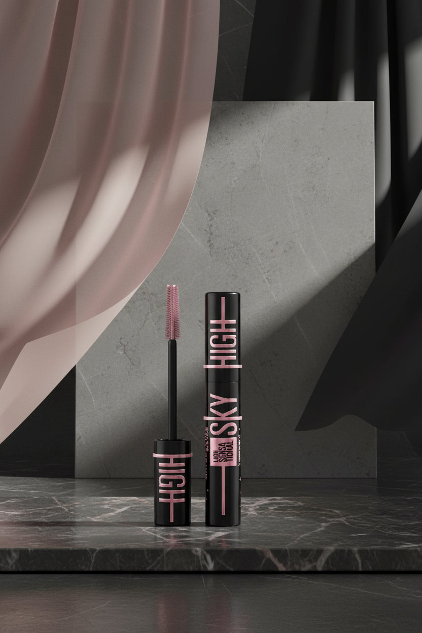 Mascara with 'Sky High' text on a black background