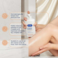 E45 moisturizing lotion being applied to skin with product details on a white background