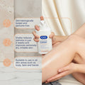 E45 moisturizing lotion being applied to skin with product details on a white background
