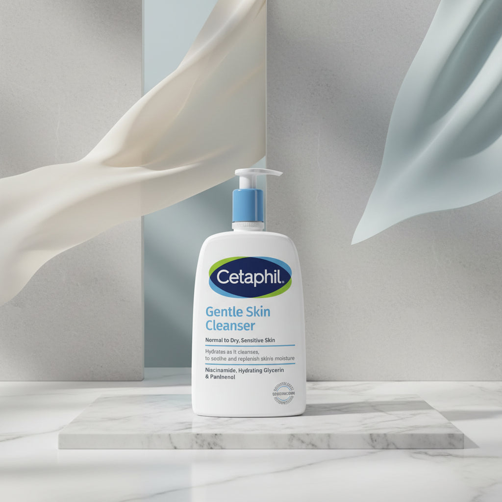 Cetaphil Gentle Skin Cleanser bottles with a blue background and text indicating 'New Look, Same Formula'.