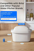 White water filter pitcher with compatibility information for Brita and other brands on a kitchen counter.