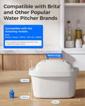 White water filter pitcher with compatibility information for Brita and other brands on a kitchen counter.