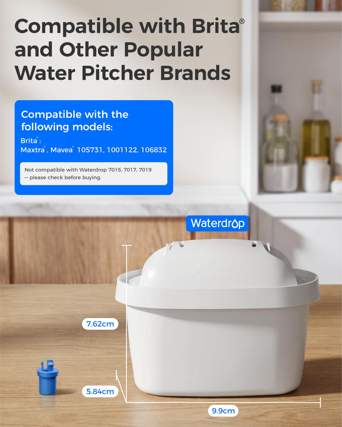 White water filter pitcher with compatibility information for Brita and other brands on a kitchen counter.