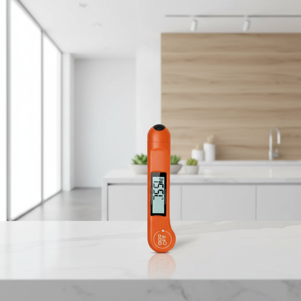 A woman in a kitchen uses an orange digital food thermometer to check the temperature of a pot on a gas stove. The image includes a text overlay that reads 'LOCK TEMPERATURE' and 'Lock the Temp to View the Reading Away From the Heat'.