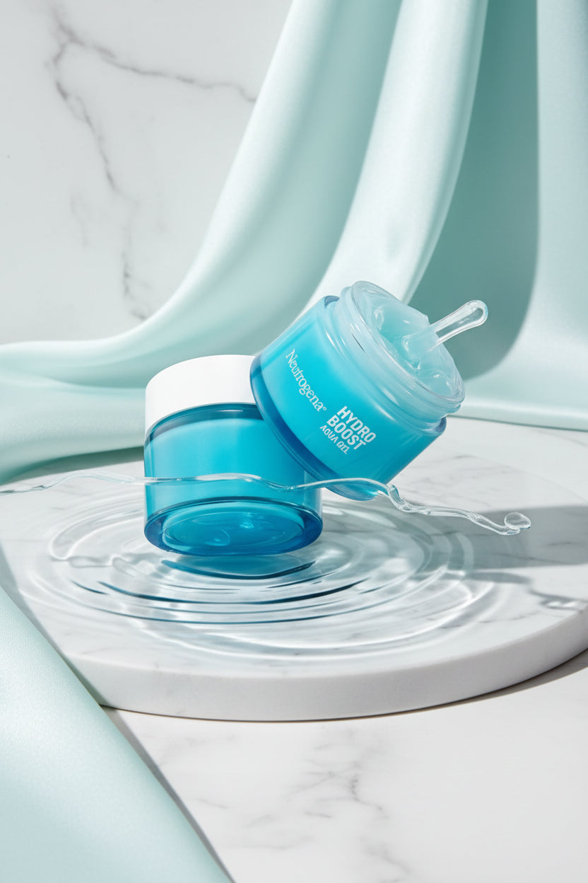 Neutrogena skincare jars with water droplets on a light blue background