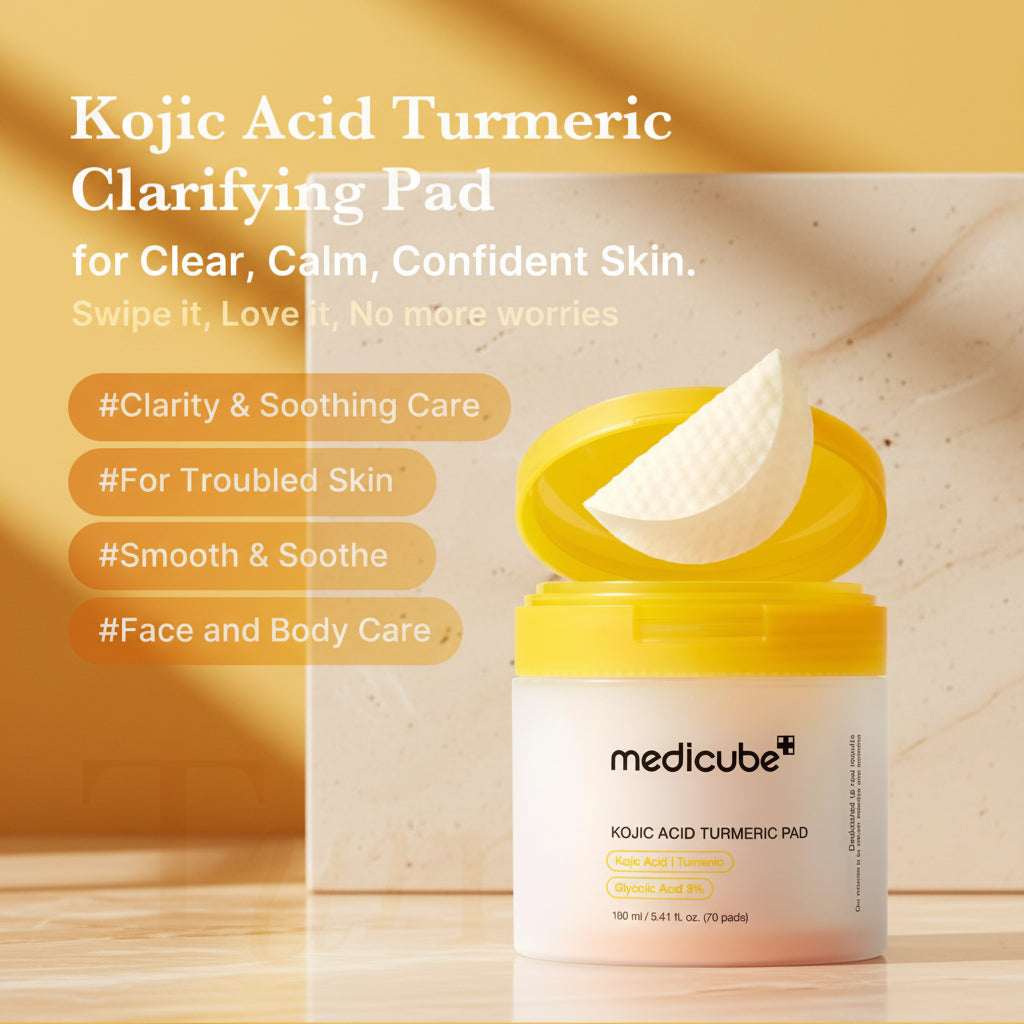 Kojic Acid Turmeric Clarifying Pad by Medicube on a yellow background