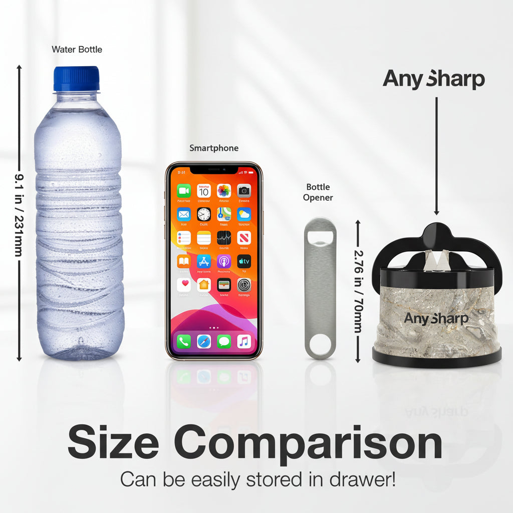 Size comparison infographic showing a water bottle, smartphone, bottle opener, and a small sharp object labeled 'Any sharp' with measurements and the text 'Size Comparison' and 'Can be easily stored in drawer!'.