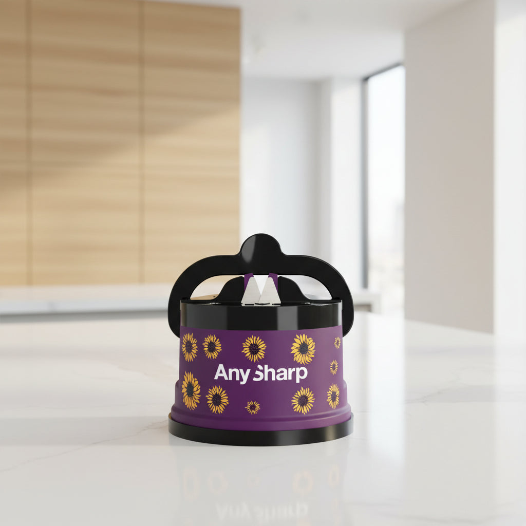 Any Sharp Any Size sharpening steel holder with a purple body decorated with yellow sunflower graphics and the brand name 'Any Sharp' in white text, featuring a black handle and base.