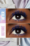 Comparison of an eye with blue eyeliner before and after, labeled 'NACHHER' and 'VORHER'.