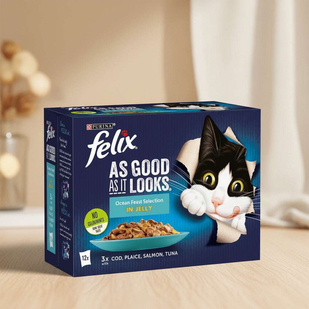 A box of Purina Felix cat food, Ocean Feast Selection in Jelly, featuring a black and white cat peeking out of the packaging on a dark blue background.