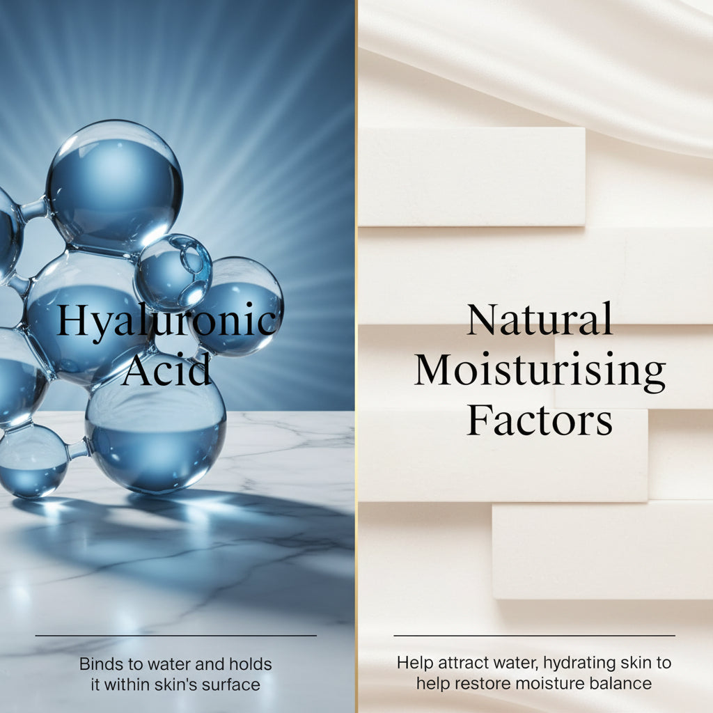 A split informational graphic for skincare ingredients. The left half shows a close-up of translucent blue hyaluronic acid droplets with the text 'Hyaluronic Acid' and a small caption about binding to water.