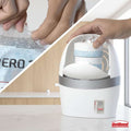 Person using a white adhesive strip with a brand logo on a white background