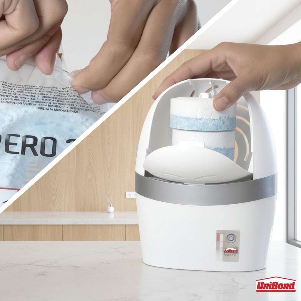 Person using a white adhesive strip with a brand logo on a white background