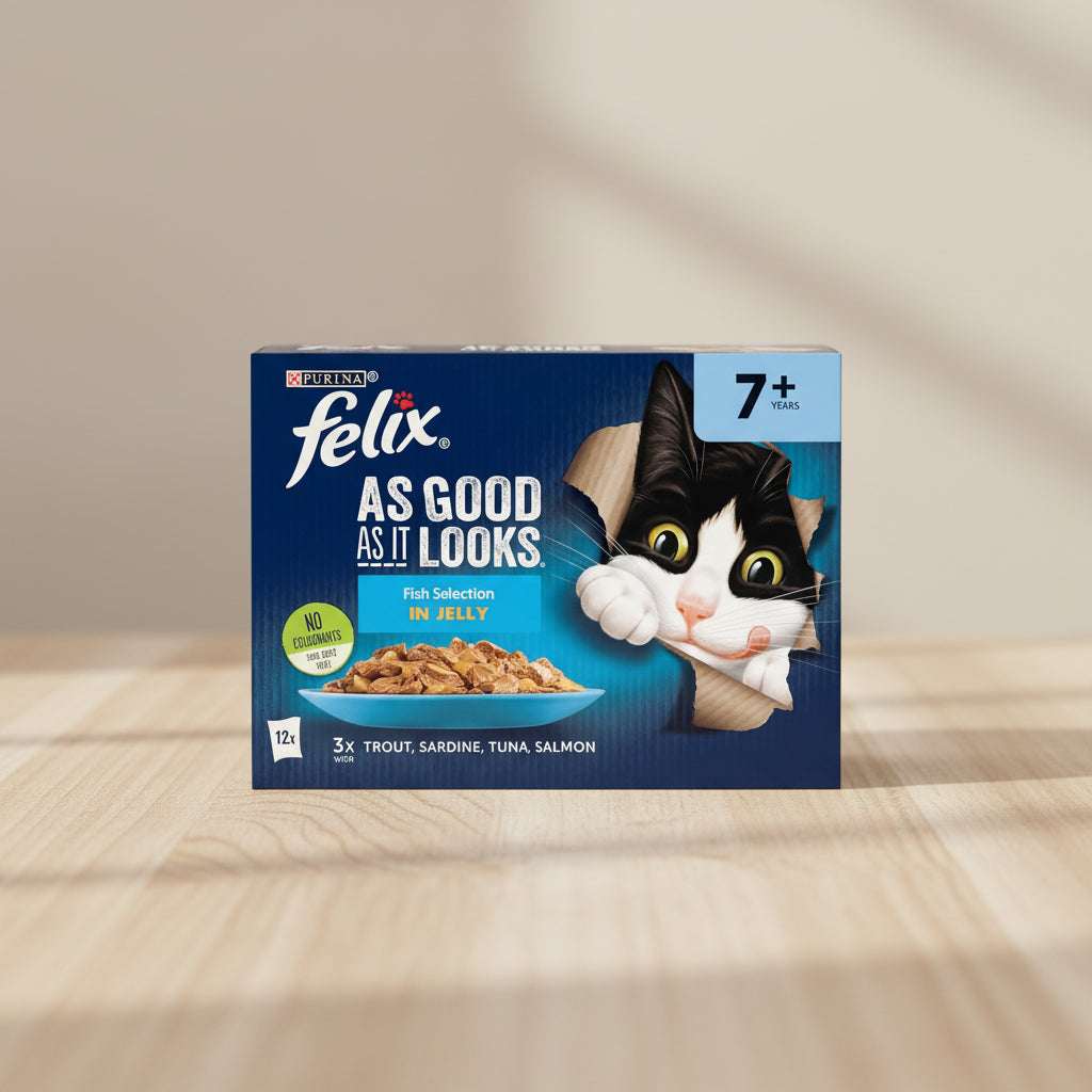 Two boxes of Felix cat food side by side. The packaging features a black and white cat peeking out of a cardboard box, with the text 'AS GOOD AS IT LOOKS' and 'Fish Selection in Jelly'.